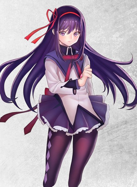 Anime picture 1000x1363 with mahou shoujo madoka magica shaft (studio) akemi homura elizabeth (erika123) single long hair tall image looking at viewer simple background purple eyes purple hair grey background rhombus girl ribbon (ribbons) hair ribbon pantyhose argyle legwear