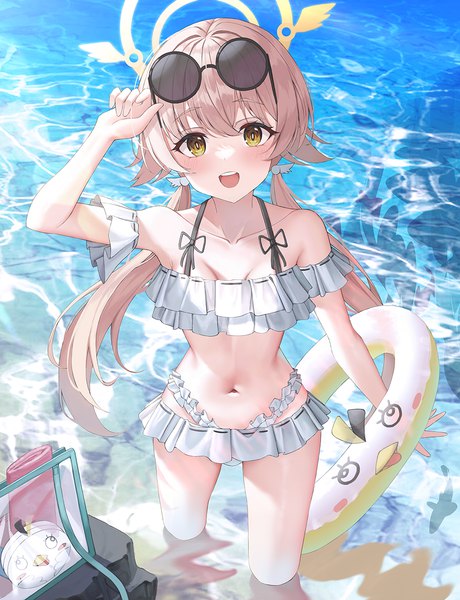 Anime picture 1000x1304 with blue archive hifumi (blue archive) hifumi (swimsuit) (blue archive) omul single long hair tall image looking at viewer blush fringe open mouth light erotic blonde hair hair between eyes standing yellow eyes :d from above partially submerged official alternate costume