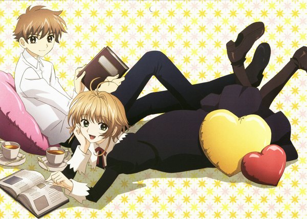 Anime picture 1800x1286 with tsubasa reservoir chronicle clamp sakura hime syaoran looking at viewer highres short hair open mouth smile brown hair sitting holding ahoge bent knee (knees) lying on stomach leg lift (legs lift) girl dress boy