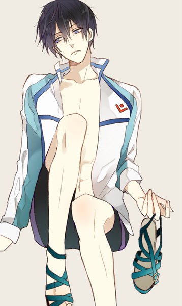 Anime-Bild 600x1005 mit free! kyoto animation nanase haruka (free!) shijima tohiro single tall image fringe short hair blue eyes black hair simple background hair between eyes sitting looking away fingernails grey background boy sandals sports jacket swimming trunks