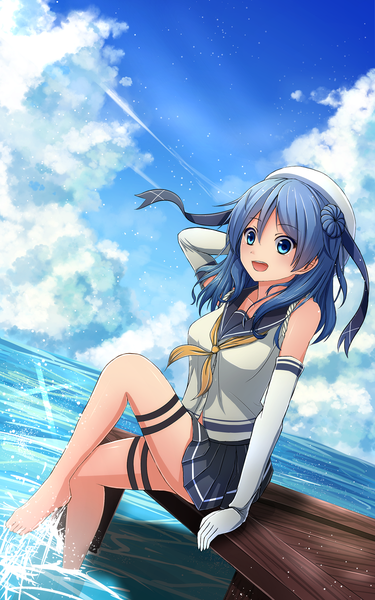 Anime picture 1000x1600 with kantai collection urakaze destroyer hurasukon single long hair tall image looking at viewer open mouth blue eyes sitting blue hair sky cloud (clouds) girl skirt gloves water elbow gloves white gloves sea