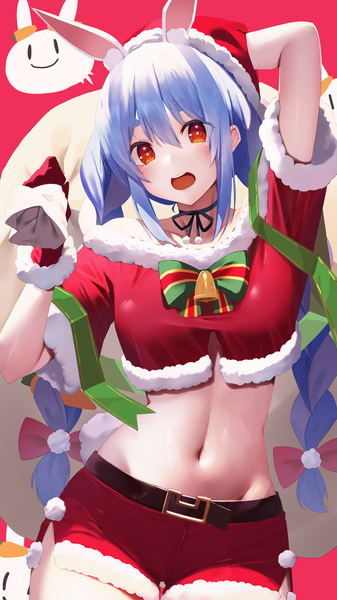 Anime picture 2160x3840 with virtual youtuber hololive usada pekora mikaku single long hair tall image looking at viewer blush fringe highres breasts open mouth light erotic smile hair between eyes red eyes standing animal ears blue hair