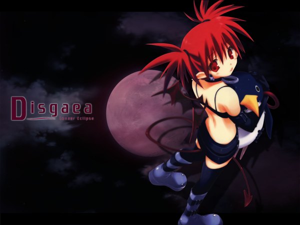 Anime picture 1600x1200 with disgaea etna (disgaea) prinny highres tail wallpaper demon girl bat wings red moon ranguage engrish girl wings moon