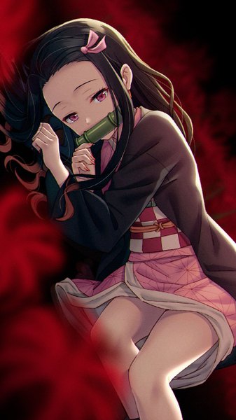 Anime picture 750x1334 with kimetsu no yaiba ufotable kamado nezuko hyuuga azuri single long hair tall image black hair red eyes holding payot lying long sleeves traditional clothes japanese clothes bare legs legs mouth hold looking down on side
