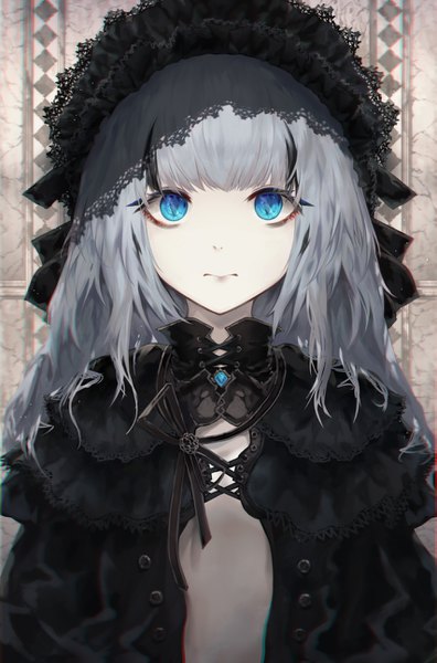 Anime picture 853x1290 with original jname single long hair tall image looking at viewer fringe blue eyes light erotic upper body blunt bangs grey hair shadow symbol-shaped pupils expressionless girl headdress