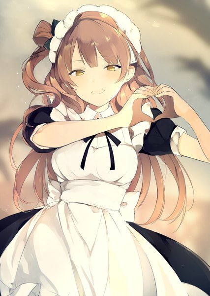 Anime picture 663x932 with love live! school idol project sunrise (studio) love live! minami kotori lpip single long hair tall image looking at viewer blush breasts open mouth smile brown hair yellow eyes short sleeves maid puffy sleeves one side up heart hands