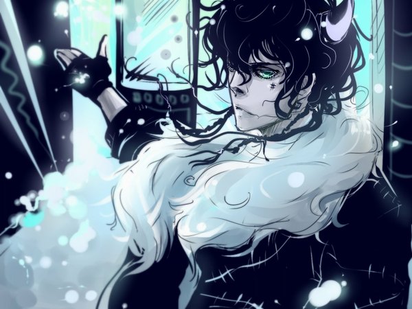 Anime picture 1024x768 with katekyou hitman reborn lambo oriental-lady single short hair black hair green eyes horn (horns) hand on hip wavy hair boy jacket fingerless gloves fur