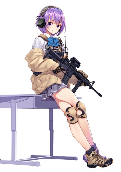 Anime picture 1061x1500 with little armory asato miyo matsuryuu single tall image looking at viewer fringe short hair simple background smile white background sitting purple eyes holding purple hair full body pleated skirt off shoulder lace-up boots trigger discipline