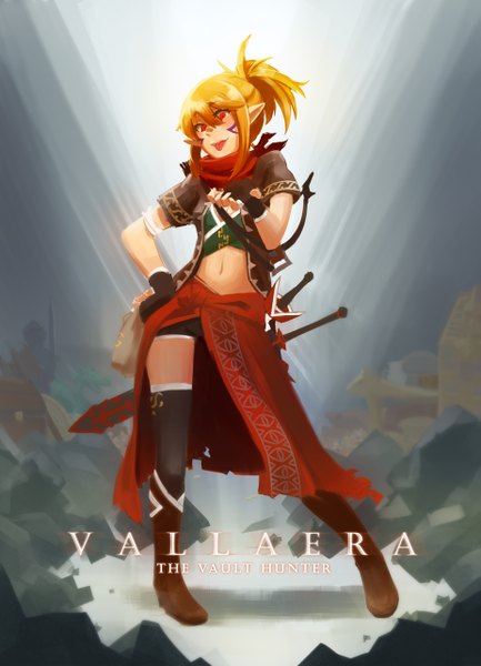 Anime picture 925x1280 with dungeon and dragons (game) emitan single tall image fringe short hair blonde hair red eyes pointy ears hand on hip girl gloves navel weapon sword tongue fingerless gloves clothes