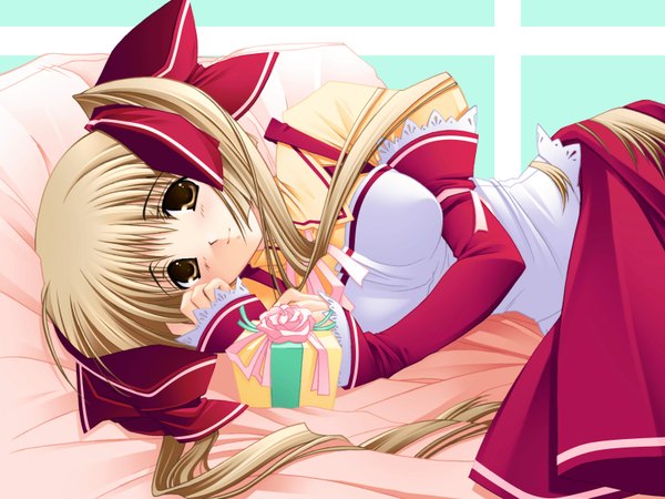 Anime picture 1600x1200 with long hair lying girl bed gift