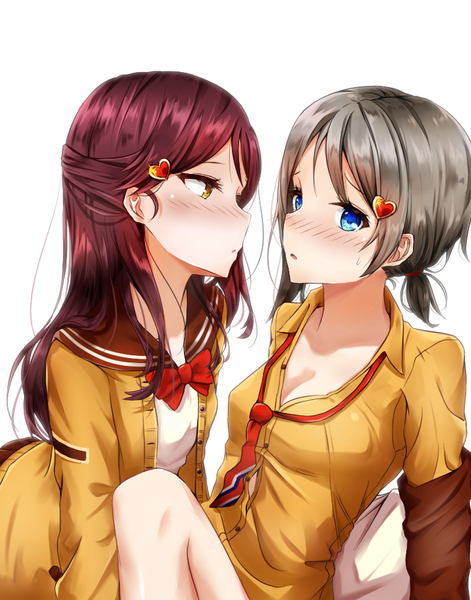 Anime picture 786x1000 with love live! sunshine!! love live! school idol festival sunrise (studio) love live! sakurauchi riko watanabe you ciawasemono long hair tall image blush short hair breasts blue eyes light erotic white background multiple girls yellow eyes bent knee (knees) red hair grey hair