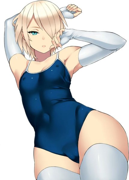 Anime picture 800x1119 with original solid air single tall image looking at viewer fringe short hair blue eyes light erotic simple background blonde hair white background bare shoulders hair over one eye armpit (armpits) wide hips girl thighhighs gloves swimsuit