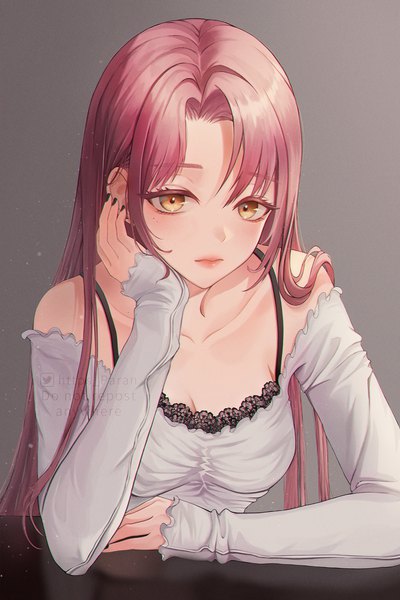 Anime picture 1333x2000 with original paran single long hair tall image looking at viewer blush fringe simple background sitting bare shoulders yellow eyes pink hair long sleeves nail polish fingernails off shoulder grey background sleeves past wrists expressionless