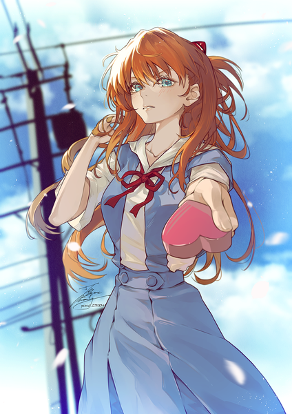 Anime picture 1061x1500 with neon genesis evangelion gainax soryu asuka langley fadingz single long hair tall image looking at viewer blush fringe blue eyes hair between eyes standing holding signed sky cloud (clouds) outdoors parted lips wind