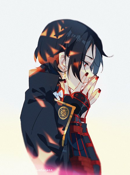Anime picture 800x1073 with touken ranbu nitroplus kashuu kiyomitsu instockee single long hair tall image black hair simple background red eyes signed looking away upper body nail polish profile low ponytail hands clasped boy earrings