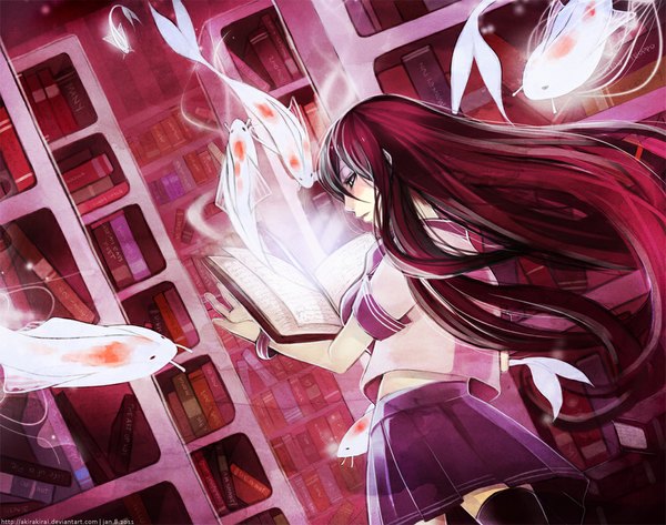 Anime picture 1075x849 with original akirakirai (artist) single long hair standing purple eyes red hair magic fantasy girl thighhighs uniform black thighhighs school uniform book (books) fish (fishes) shelf bookshelf