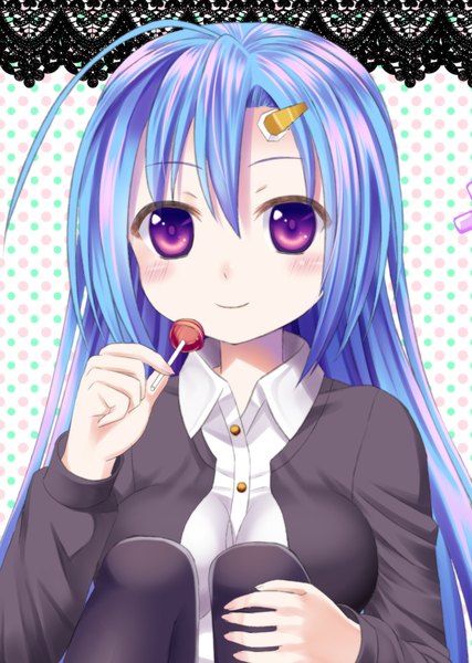 Anime picture 1507x2119 with original ikeda yuuki (artist) single long hair tall image blush red eyes multicolored hair girl hair ornament hairclip lollipop