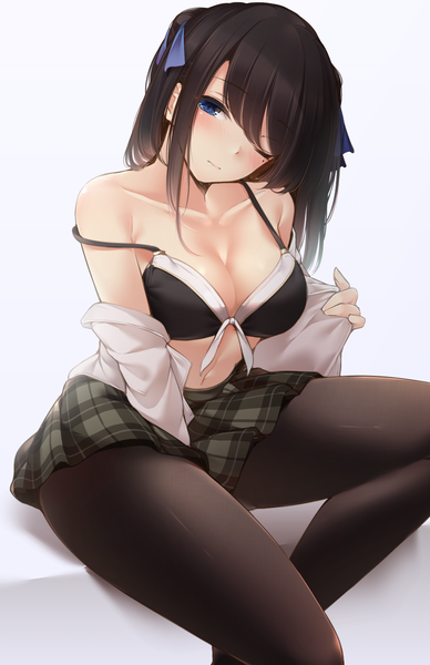 Anime picture 1200x1853 with original toyosaki shu single long hair tall image looking at viewer blush fringe breasts blue eyes light erotic simple background hair between eyes brown hair large breasts sitting payot cleavage bent knee (knees) head tilt