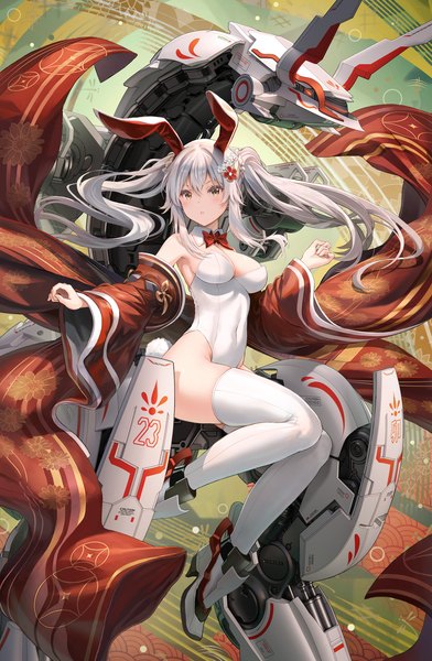 Anime picture 1392x2130 with original pinakes single long hair tall image looking at viewer blush fringe breasts light erotic hair between eyes large breasts twintails brown eyes animal ears silver hair full body bent knee (knees) tail traditional clothes