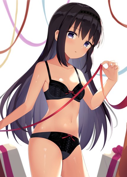 Anime picture 1295x1812 with mahou shoujo madoka magica shaft (studio) akemi homura kkkk12103 single long hair tall image looking at viewer blush fringe breasts light erotic black hair simple background hair between eyes standing purple eyes payot underwear only girl