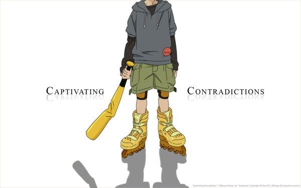 Anime picture 1920x1200 with paranoia agent shounen bat single highres wide image white background inscription shadow vector third-party edit head out of frame boy shorts baseball bat roller skates