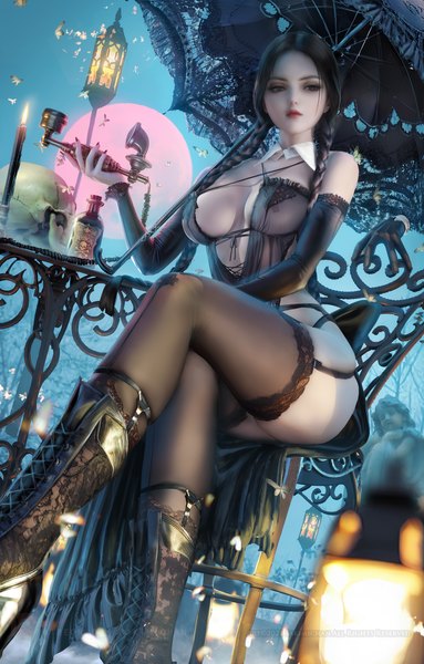 Anime picture 2236x3500 with addams family wednesday addams sakimichan single long hair tall image looking at viewer highres breasts light erotic black hair large breasts sitting holding cleavage bent knee (knees) outdoors braid (braids) nail polish fingernails