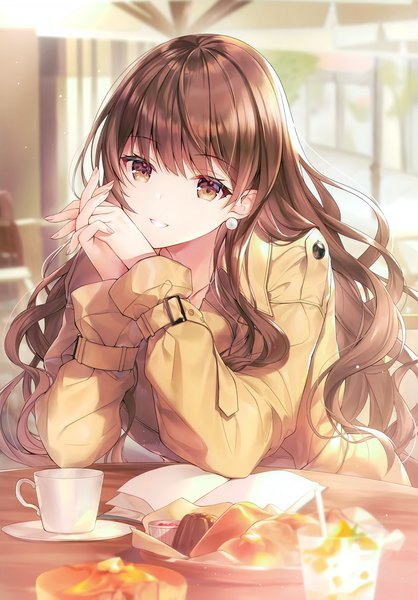 Anime picture 2447x3513 with original kagachi saku single long hair tall image looking at viewer fringe highres smile brown hair brown eyes upper body indoors long sleeves head tilt fingernails blurry scan depth of field grin