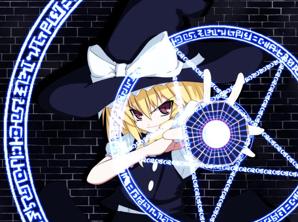 Anime picture 2322x1736 with touhou kirisame marisa nanatsume (artist) highres blonde hair red eyes magic girl bow witch hat magic circle mini-hakkero