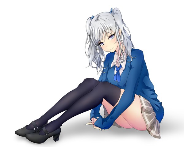 Anime picture 2000x1600 with kantai collection kashima training cruiser tetsu (excalibur920) single long hair looking at viewer blush fringe highres breasts blue eyes light erotic sitting twintails silver hair full body head tilt pleated skirt high heels girl