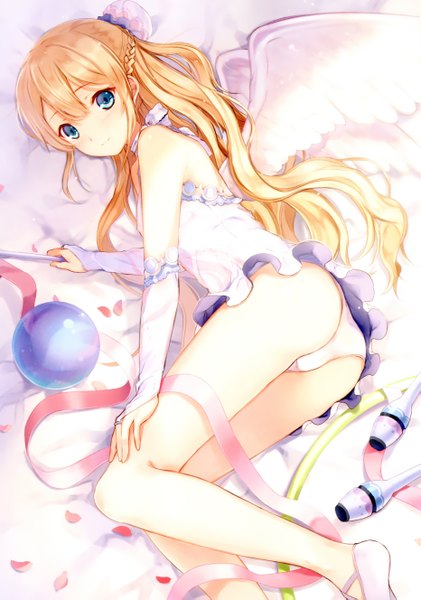 Anime picture 1863x2654 with 6u (eternal land) single long hair tall image highres blue eyes light erotic blonde hair bare shoulders absurdres cameltoe girl underwear panties ribbon (ribbons) detached sleeves petals suit