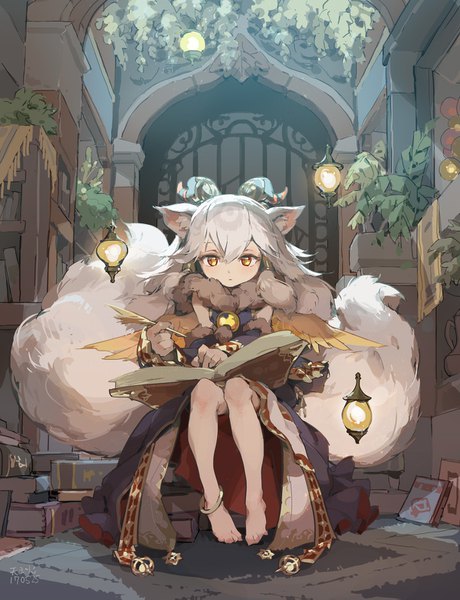 Anime picture 1200x1563 with puzzle & dragons ilmina (p&d) tennohi single long hair tall image fringe hair between eyes sitting holding animal ears silver hair tail animal tail barefoot horn (horns) orange eyes fur trim fox ears fox tail