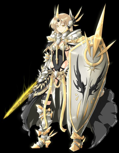 Anime picture 1600x2050 with league of legends leona (league of legends) kaho single long hair tall image blonde hair yellow eyes black background girl weapon sword boots armor shield