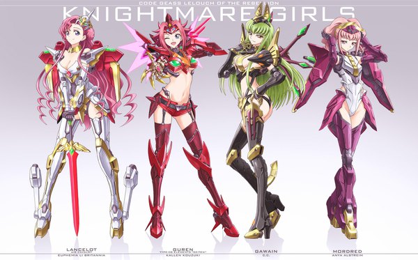 Anime picture 1747x1088 with code geass sunrise (studio) c.c. kallen stadtfeld euphemia li britannia anya alstreim lancelot gawain (code geass) guren seiten mordred (code geass) outsider 0 long hair looking at viewer highres short hair breasts light erotic wide image standing purple eyes