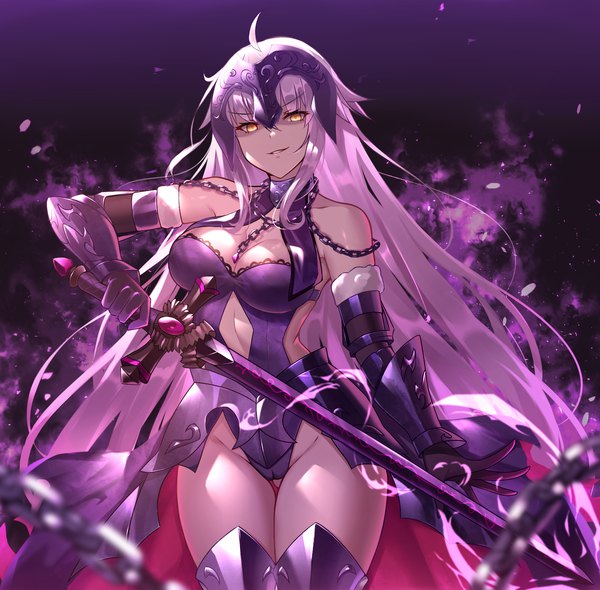 Anime picture 1684x1658 with fate (series) fate/grand order jeanne d'arc (fate) (all) jeanne d'arc alter (fate) jeanne d'arc alter (avenger) (third ascension) (fate) black fire (peter02713) single long hair looking at viewer fringe light erotic simple background smile hair between eyes standing bare shoulders holding yellow eyes payot cleavage