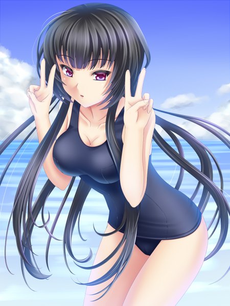 Anime picture 1080x1440 with super robot wars saya krueger tsubonorou single long hair tall image looking at viewer light erotic black hair red eyes sky cloud (clouds) girl swimsuit