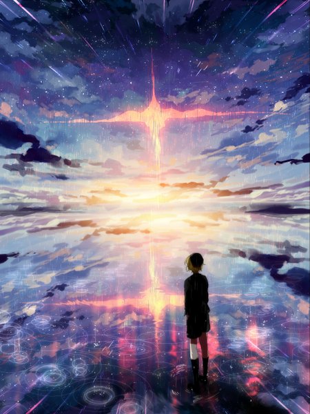 Anime picture 1875x2500 with original kyanarinu single tall image highres short hair blonde hair standing sky cloud (clouds) from behind sunlight reflection ripples girl skirt water socks black skirt black socks