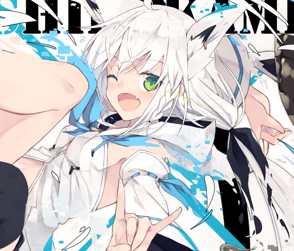 Anime picture 960x820 with virtual youtuber hololive shirakami fubuki shirakami fubuki (1st costume) nagishiro mito single long hair looking at viewer blush fringe open mouth simple background hair between eyes green eyes animal ears ahoge white hair braid (braids) one eye closed wink