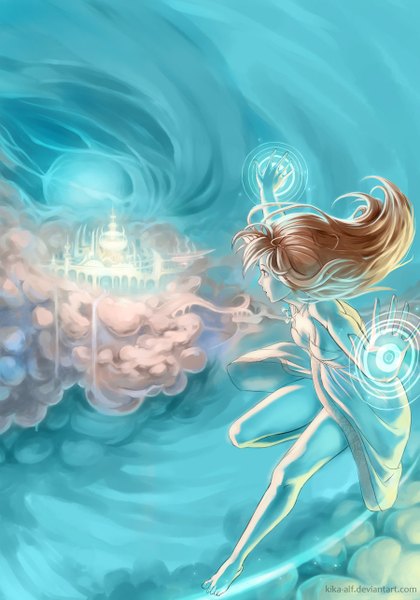 Anime picture 900x1286 with original kika-alf single long hair tall image brown hair cloud (clouds) profile barefoot magic spread arms flying weightlessness waterfall floating island girl dress water pendant castle