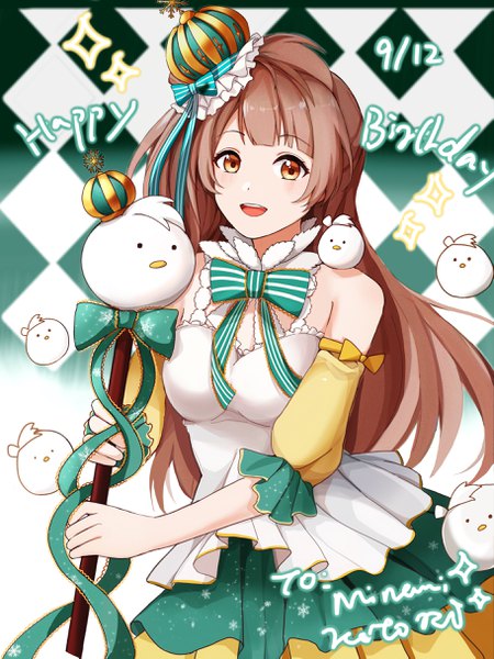 Anime picture 1822x2429 with love live! school idol project sunrise (studio) love live! minami kotori minami kotori (bird) lsy0416 single long hair tall image looking at viewer blush fringe highres breasts open mouth simple background smile brown hair large breasts bare shoulders