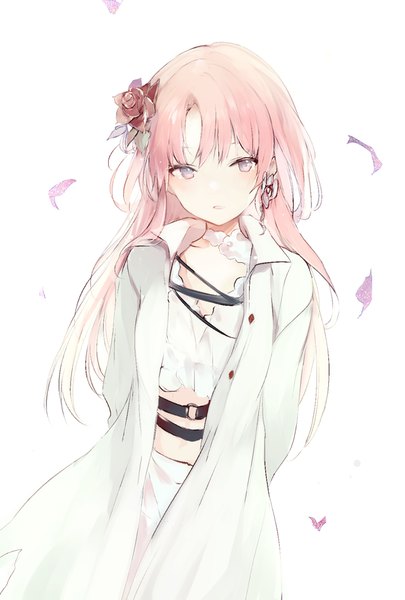 Anime picture 618x915 with original lpip single long hair tall image looking at viewer blush fringe open mouth simple background standing white background purple eyes pink hair hair flower open clothes midriff hands behind back girl flower (flowers)