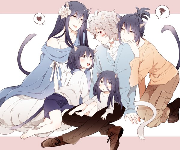 Anime picture 2000x1665 with no.6 studio bones nezumi (no.6) shion (no.6) eve (nezumi) shio tsuitta long hair blush highres short hair open mouth black hair simple background red eyes animal ears silver hair hair flower cat ears multiple boys cat tail