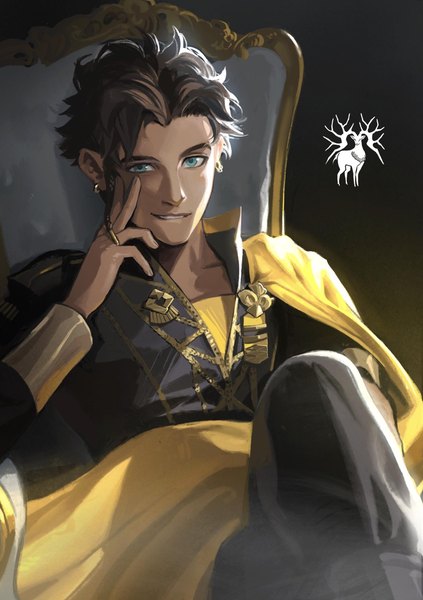 Anime picture 1747x2480 with fire emblem fire emblem: three houses nintendo claude von riegan pine11298 single tall image looking at viewer highres short hair simple background smile sitting green eyes parted lips black background boy single earring emblem