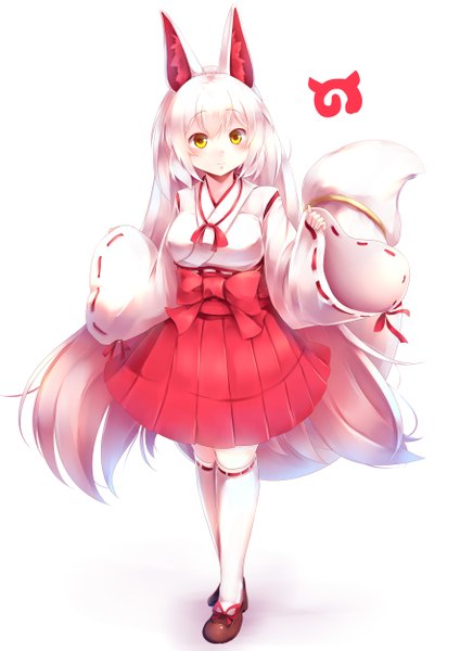 Anime picture 3536x5000 with kemono friends oinari-sama (kemono friends) kanzakietc single long hair tall image blush highres simple background standing white background animal ears yellow eyes looking away absurdres full body white hair tail traditional clothes japanese clothes