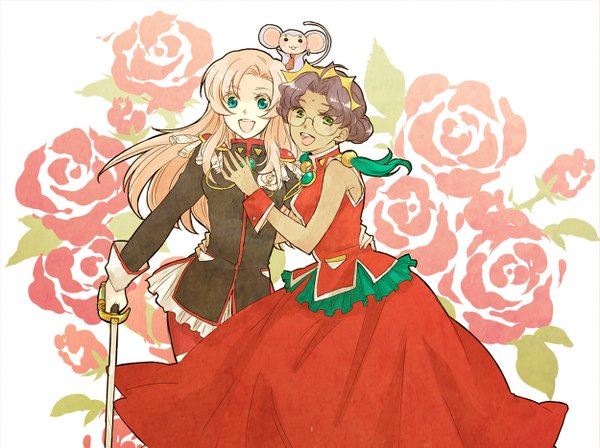 Anime picture 1249x934 with revolutionary girl utena j.c. staff tenjou utena himemiya anthy yoki (artist) long hair open mouth blonde hair multiple girls green eyes aqua eyes grey hair dark skin animal on head girl uniform flower (flowers) 2 girls animal sword