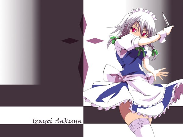 Anime picture 1600x1200 with touhou izayoi sakuya highres short hair red eyes silver hair braid (braids) maid zettai ryouiki twin braids frilly skirt posing girl thighhighs ribbon (ribbons) headdress maid headdress wrist cuffs knife moriri act2