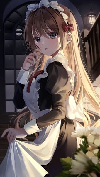 Anime picture 2842x5000 with original myowa single long hair tall image looking at viewer blush fringe highres open mouth blue eyes hair between eyes brown hair indoors long sleeves arm up blurry night maid puffy sleeves