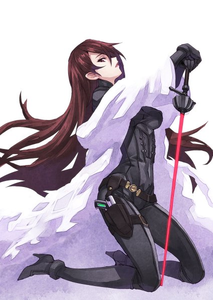 Anime picture 850x1200 with persona 4 persona 3 persona kirijou mitsuru matsuryuu single long hair tall image looking at viewer red eyes brown hair lips high heels kneeling girl weapon sword shoes gun bodysuit