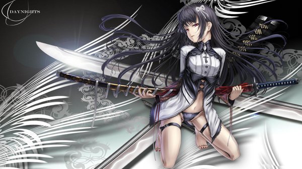 Anime picture 1920x1080 with sword girls shiokonbu single long hair highres light erotic black hair red eyes wide image nail polish barefoot girl navel underwear panties ribbon (ribbons) weapon sword katana