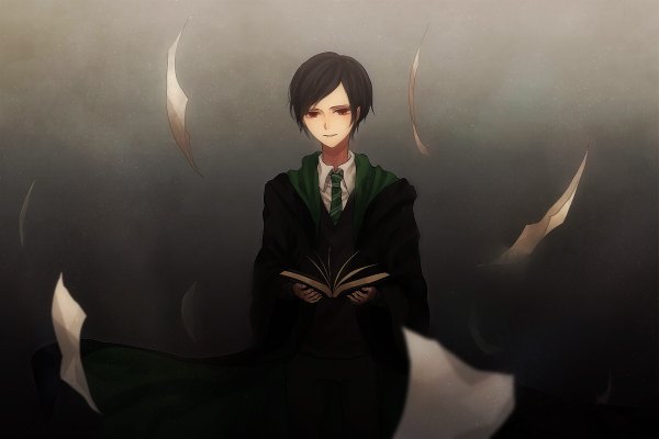 Anime picture 1200x800 with harry potter tom marvolo riddle kirikawajuu single short hair black hair simple background red eyes grey background boy uniform necktie book (books) cloak paper