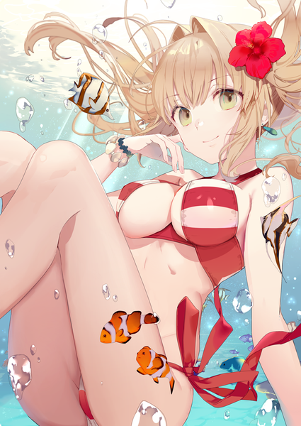 Anime picture 700x988 with fate (series) fate/grand order nero claudius (fate) nero claudius (swimsuit caster) (fate) yukisame single long hair tall image looking at viewer fringe breasts light erotic blonde hair hair between eyes large breasts twintails bare shoulders green eyes payot cleavage